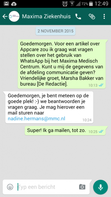 Visie - foto screendump Whatsappje - Maxima Medisch Centrum